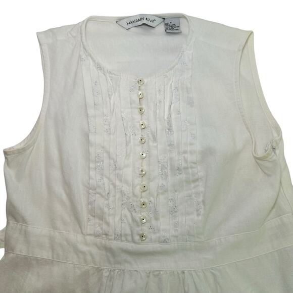 Mandarine Blue Linen White Eyelet Pin Tuck Top Medium Cottagecore Coastal - Picture 10 of 11